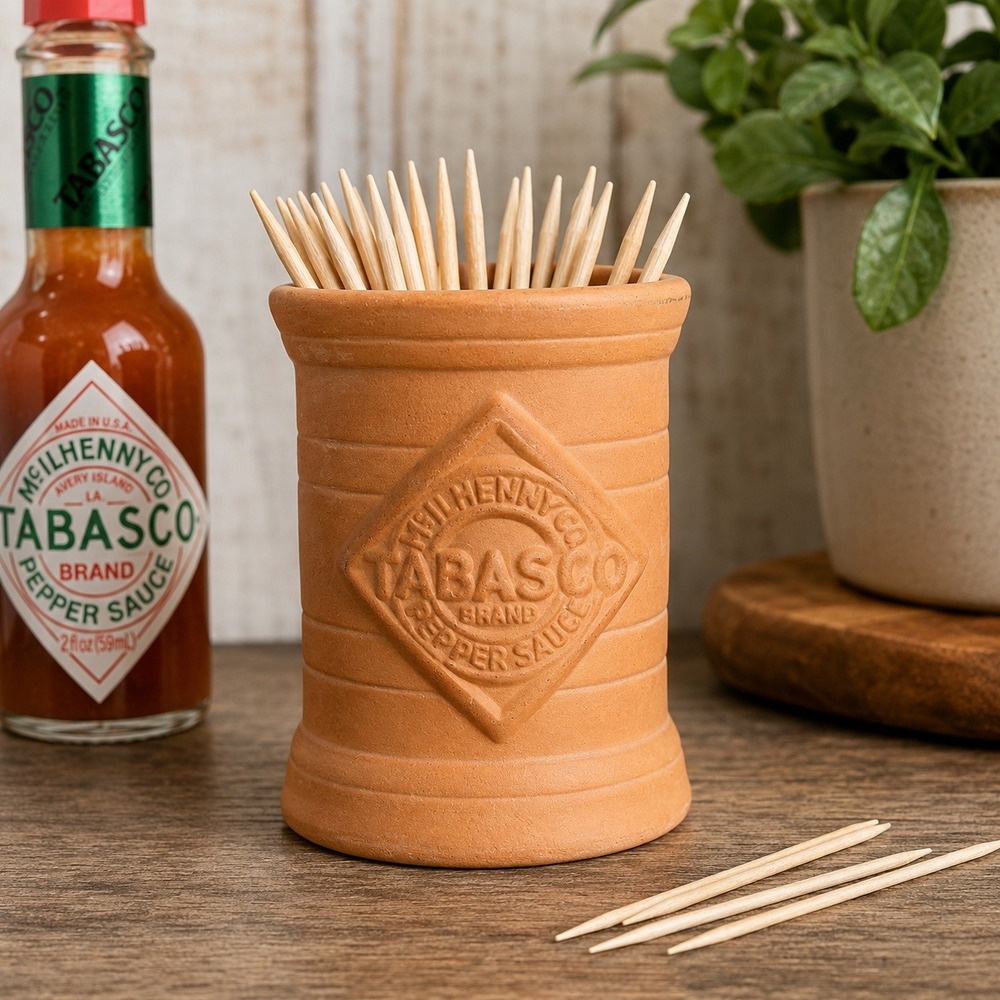 Vintage Tabasco Ceramic Toothpick Holder Terracotta Mini Crock Bottle Stand 3"